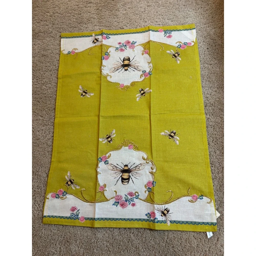 Anthropologie Bee Floral Dish Towel Green White Gold Embroidery New 28x21